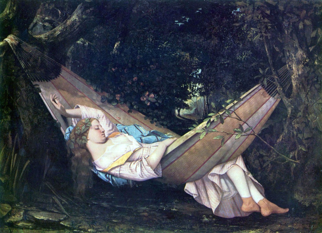 A painting of a young woman taking a siesta. (The hammock, Gustave Courbet (1844).)